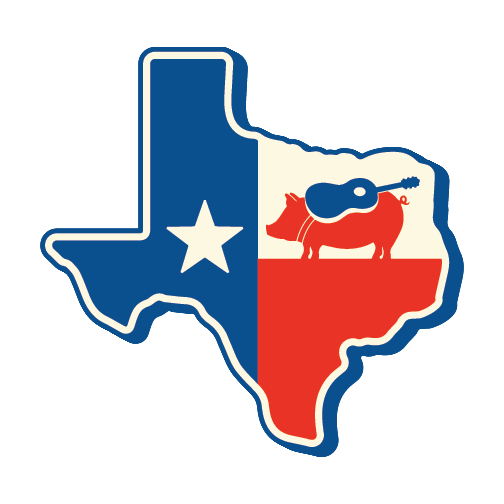 illustration of the state of texas in red, cream and blue, with a single start and the silhouette of a pig with a guitar on its back