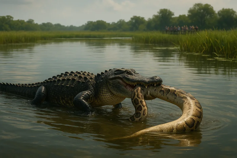 Florida Gator Drags Massive Burmese Python Across Water