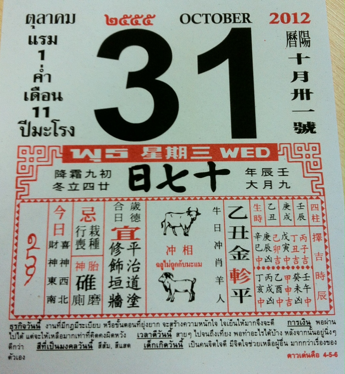 ปฎิทินจีนเลขมงคล วันที่ 31-10-2012