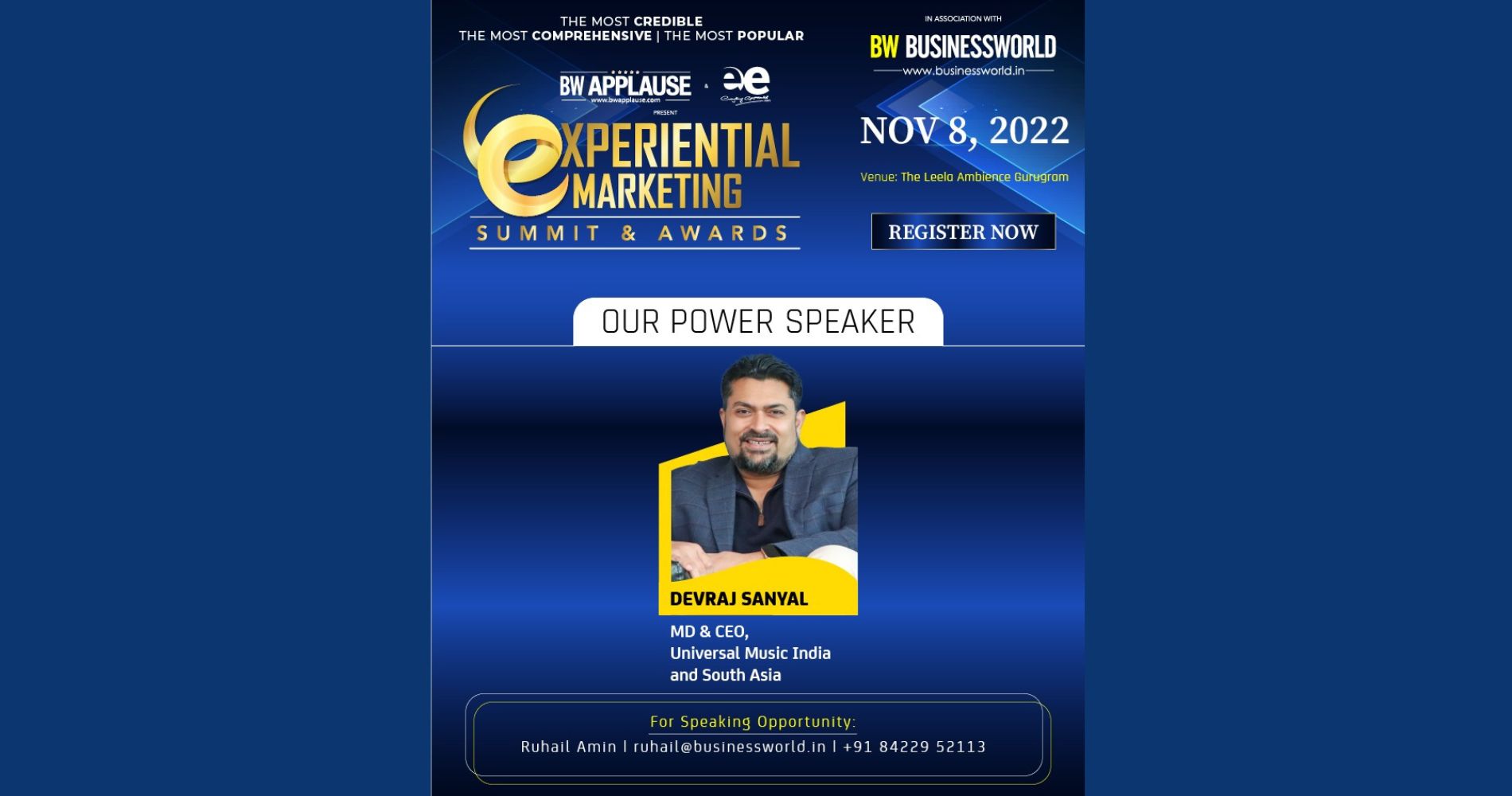 Devraj Sanyal, MD & CEO,Universal India among Top Speakers at the BW Applause Experiential Marketing Summit