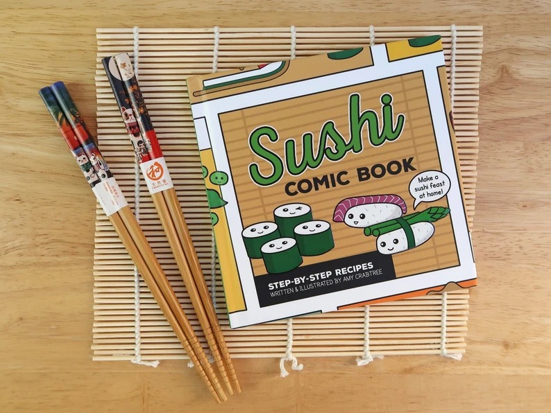 Personalised Sushi Gift Set. Serving Board & Reusable Chopsticks. Japanese,  Kawaii Style. 5 Colours. Sushi Lover Gift, Birthday, Christmas 