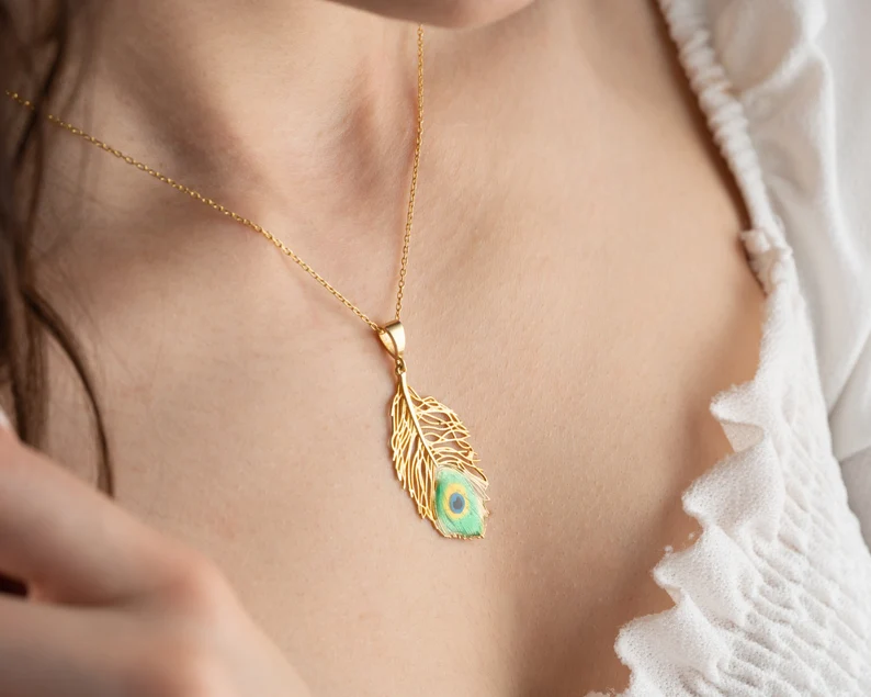 Gold Peacock Feather Necklace