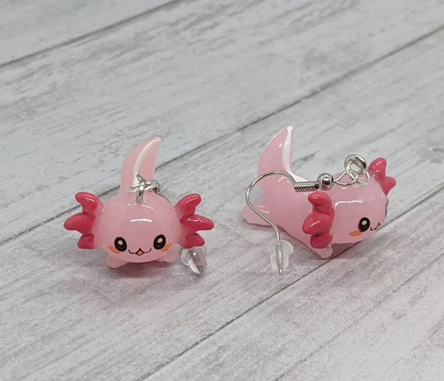 Handmade Cute Axolotl Earrings Sterling Silver Hooks Dangle