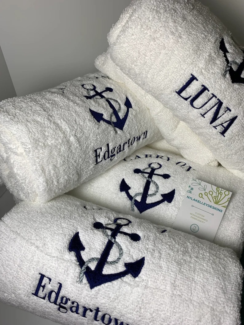 2 Nautical Anchor and Ship's Wheel Bath Towels,guest Towel,custom Boat Towel,custom  Boat Name,embroidered,personalized,boat Name Hand Towels 