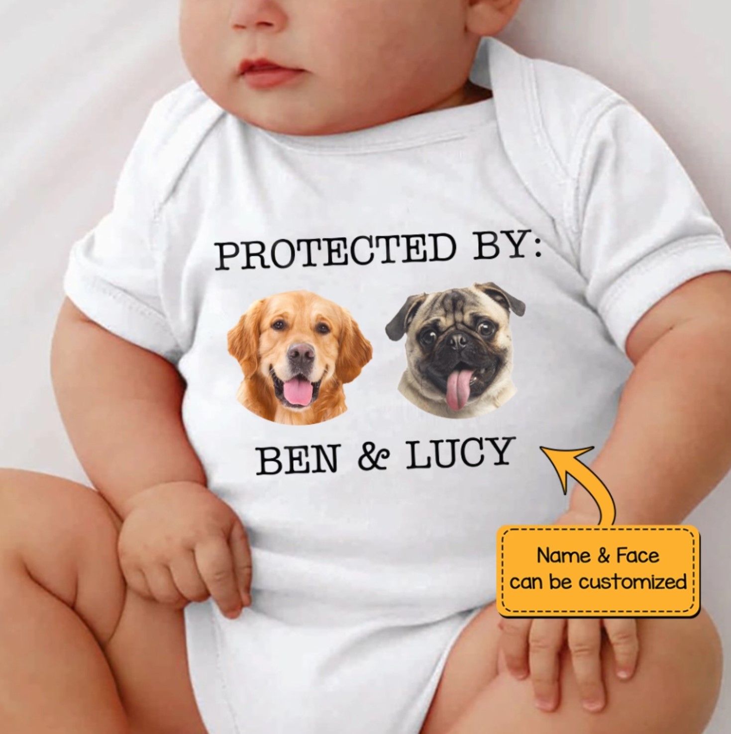 : Personalized Dog Name Baby Onesie, Protected by Custom