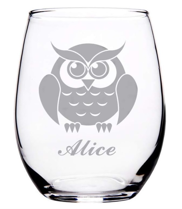 Owl Cat Stemless Wine Glass - etched glassware in 2023