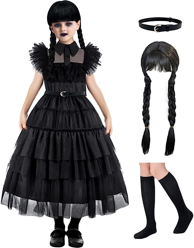 Gift 3-10 Years Kids Girls/women Wednesday Addams Series Cosplay Party  Costume Set Dress/outfit Fancy Dress Up