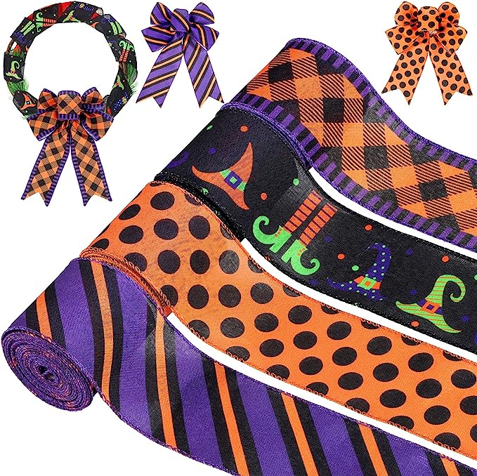 5 Yards Halloween Wired Edge Ribbons Stripe Printed Ribbon Spider