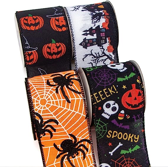 6 Rolls Halloween Grosgrain Ribbons for Wrapping Gifts, Happy Halloween Orange Ribbons for Decoration DIY Party, 0.4/0.9 x 5 Yards Pumpkin Ghost