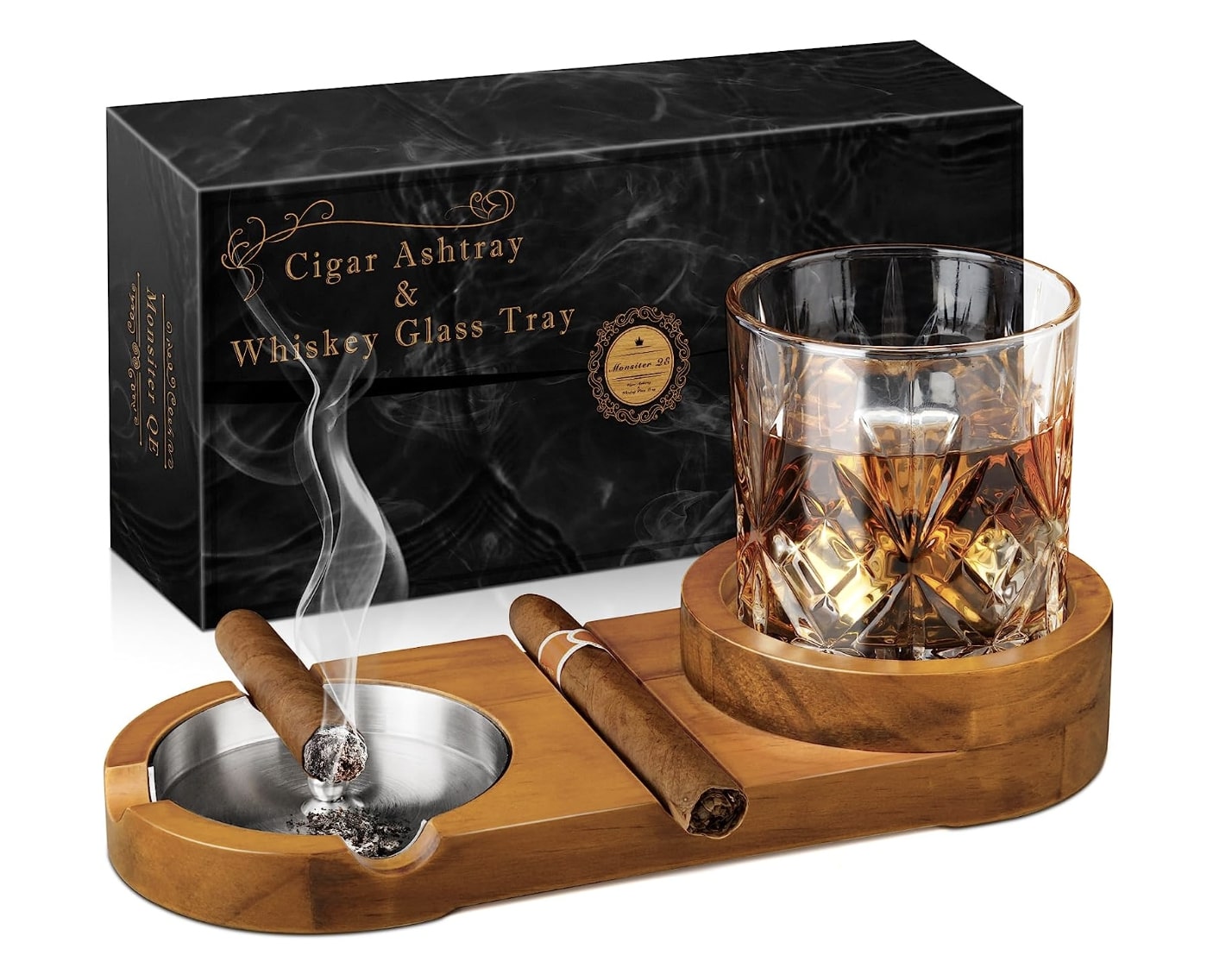 2 In 1 Wooden Ashtray Rustic Wood Whiskey Glass Cup Tray and Cigar