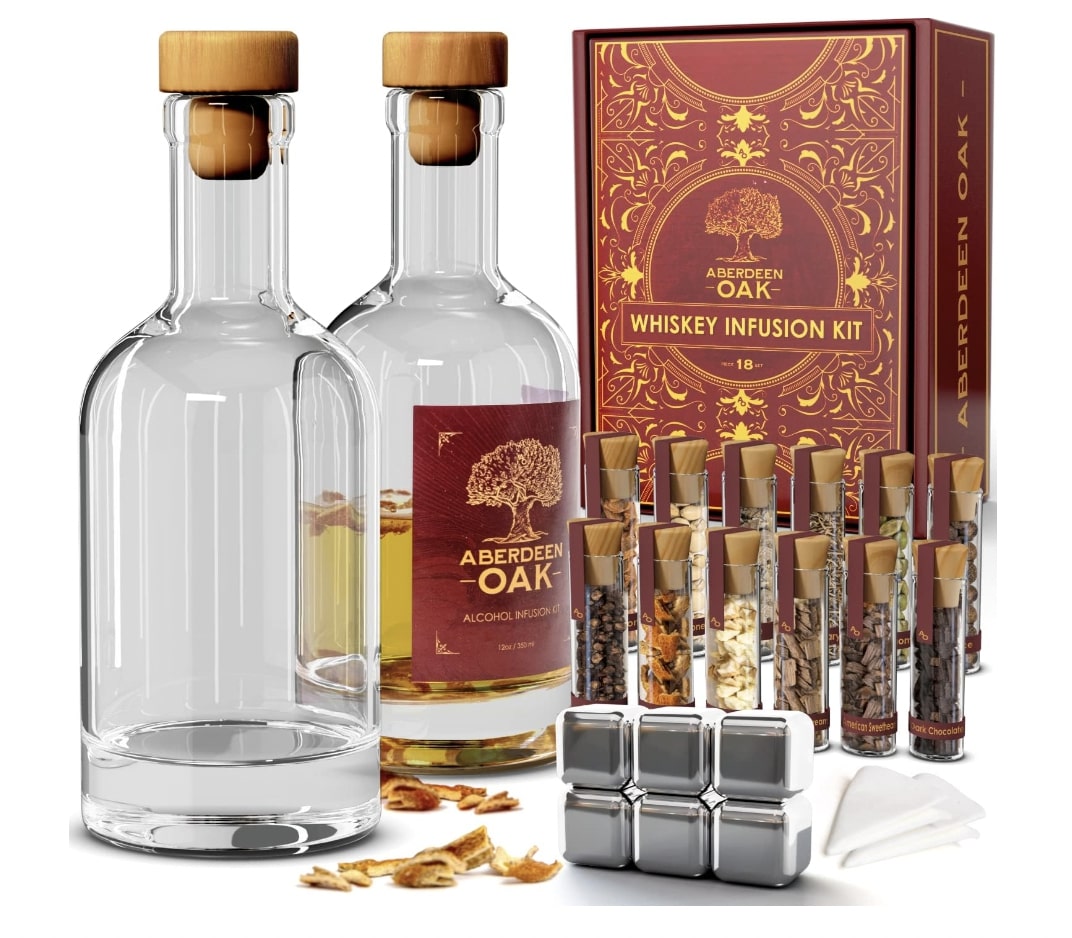 Whiskey Gifts for Men - Whiskey Making Kit - Whiskey Infusion Kit Gift Sets  Men with Bottles, Wood Chips, Botanicals, Whiskey Stones - Whiskey Set 