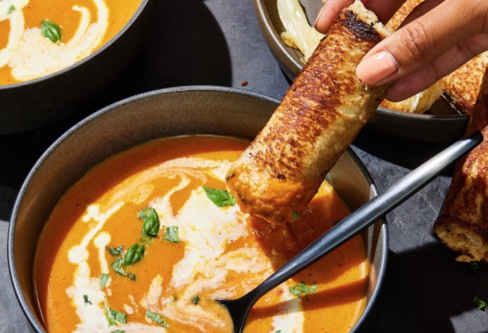 Pumpkin Tomato Soup & Grilled Cheese Sticks
