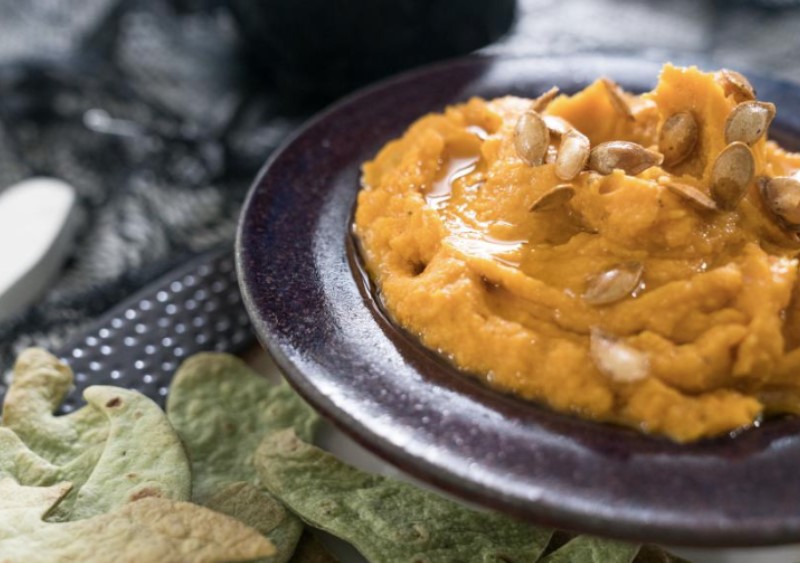 Butternut Squash Hummus with Spooky Tortilla Chips