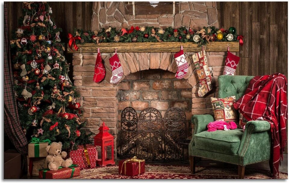 Fireplace interior Christmas tree wall art