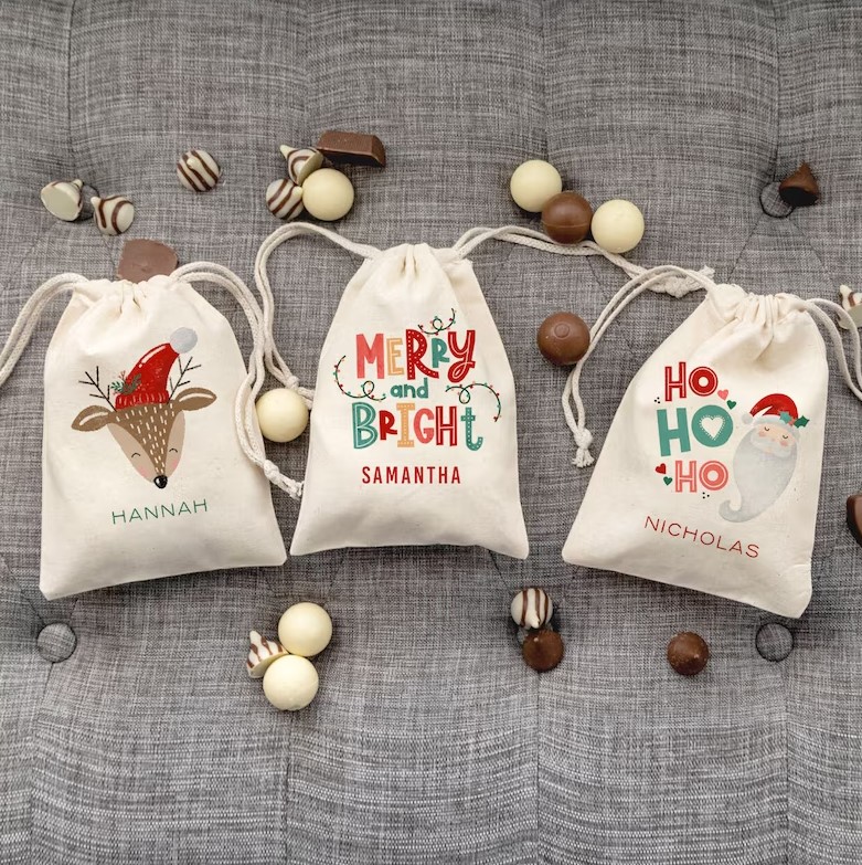 Holiday Drawstring Mini Gift Bag with Name