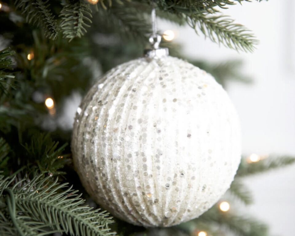 White Beaded Metallic Ridged Ball Ornament