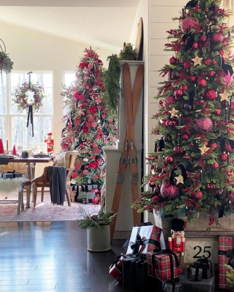 Red-black decorated Christmas trees 