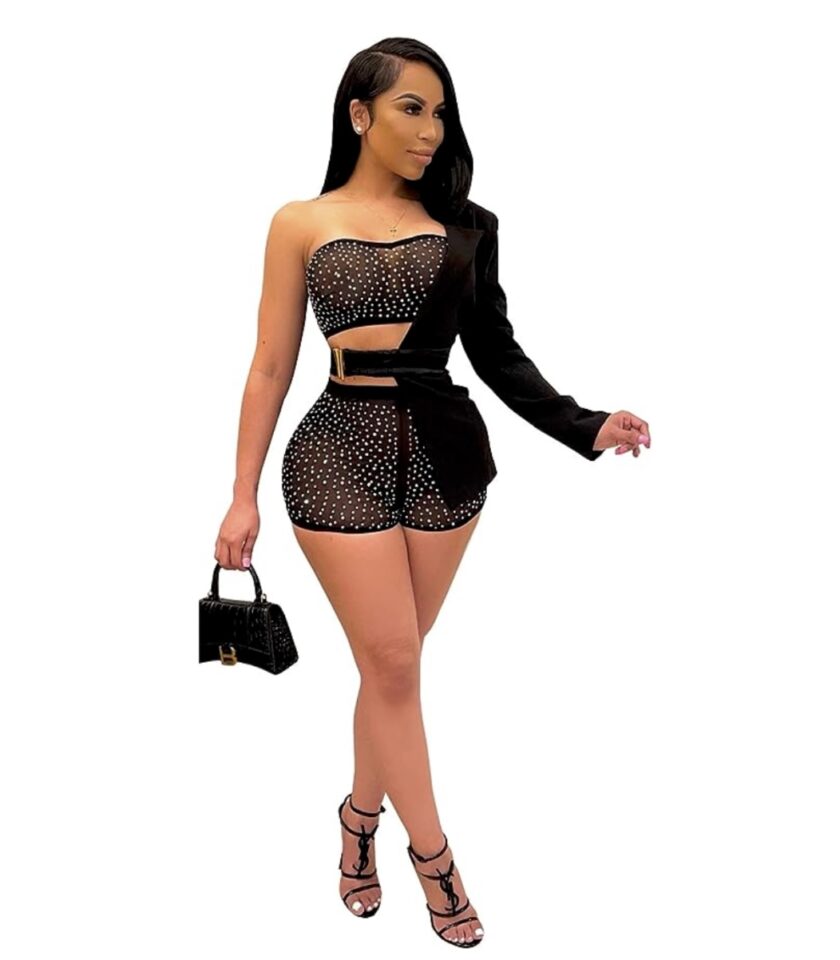 1. Sexy 3 Pieces Rhinestone Crop Tops Bodycon 