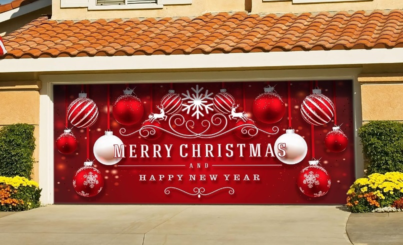 Red Merry Christmas Garage Door Cover