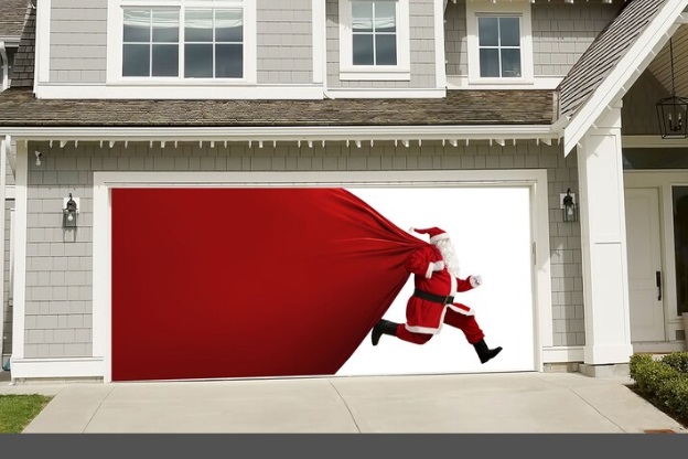 Santas with Big Gift Garage Door Banner