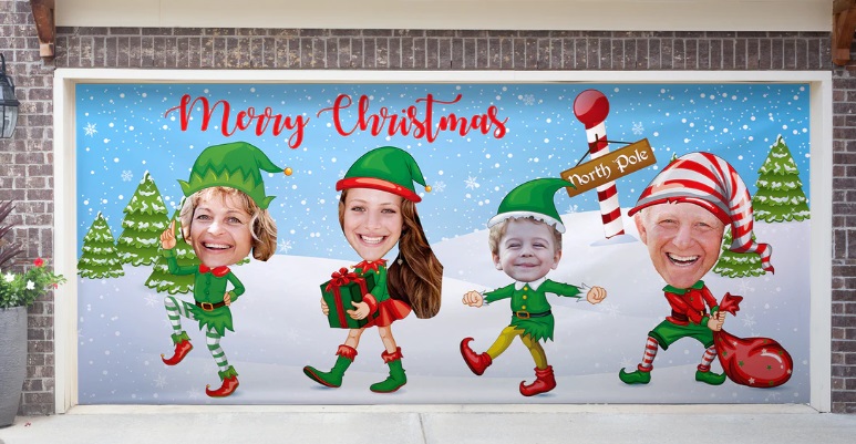 Big Head 4 Merry Elves Christmas Garage Door Banner