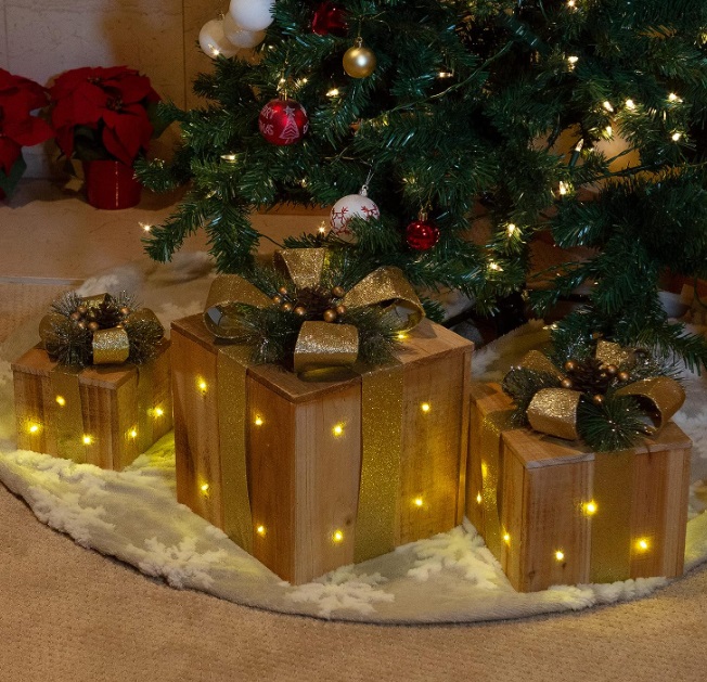 Wooden Gift Box Christmas Decor with LED Lights