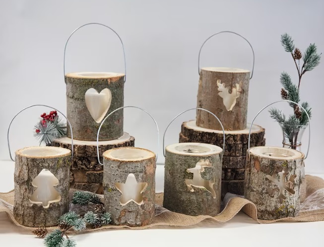 Christmas Rustic Wooden Log Birch Lantern