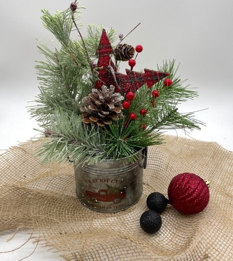 Holiday Centerpiece in Winter Tin with Red Truck