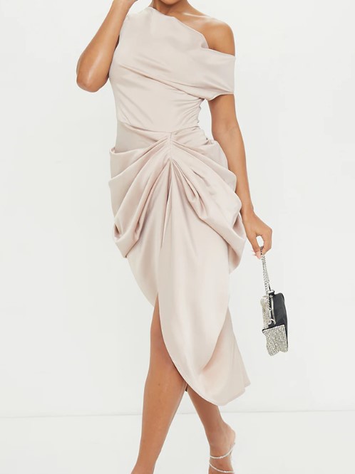 Satin Off The Shoulder Draped Skirt Midi Dress