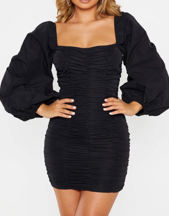 Balloon Sleeve Ruched Bodycon Dress