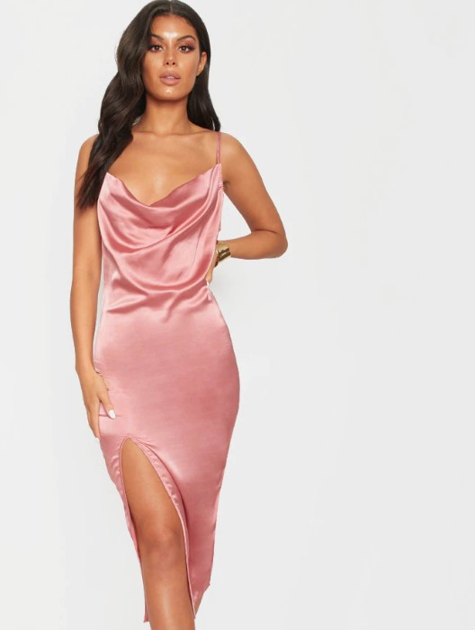 Rose Strappy Satin Cowl Midi Dress