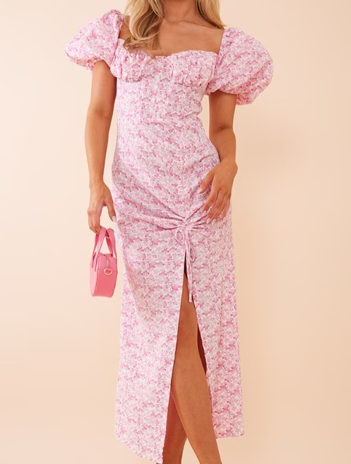 Pink Floral Satin Puff Sleeve Dress