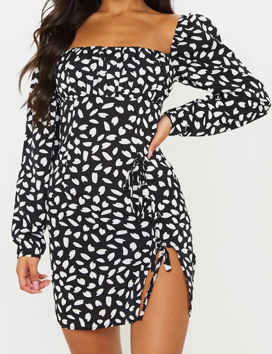 Black Dalmatian Print Bow Dress