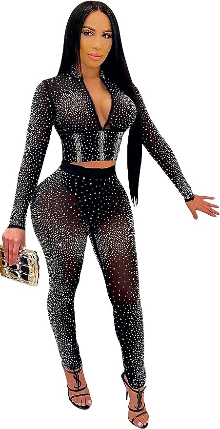 Sexy 2 Pieces Mesh Rhinestone Set