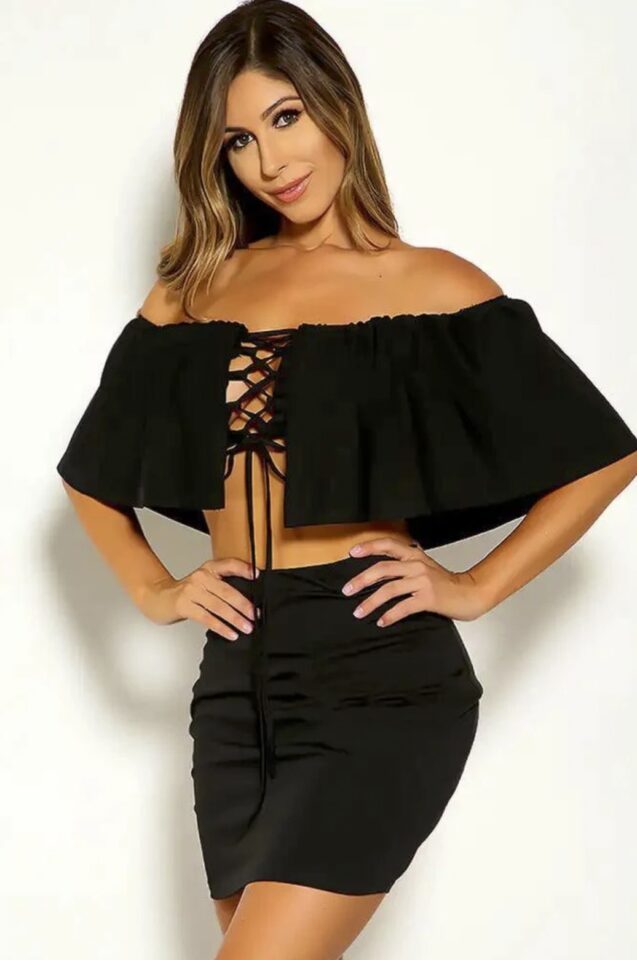 Black Off The Shoulder Lace Up Two Piece Dress