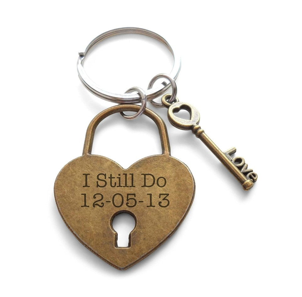 Custom Bronze Key and Lock Charm Keychain