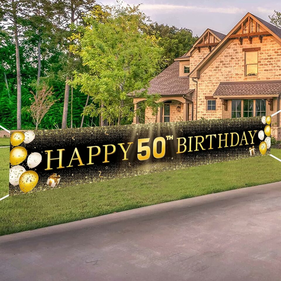 Black and gold 50th birthday banner yard signs