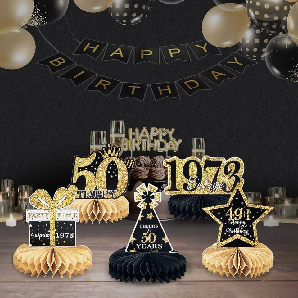 Black gold vintage party supplies table toppers
