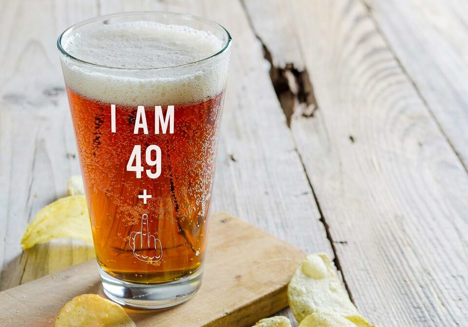 One middle finger 50th birthday beer glass