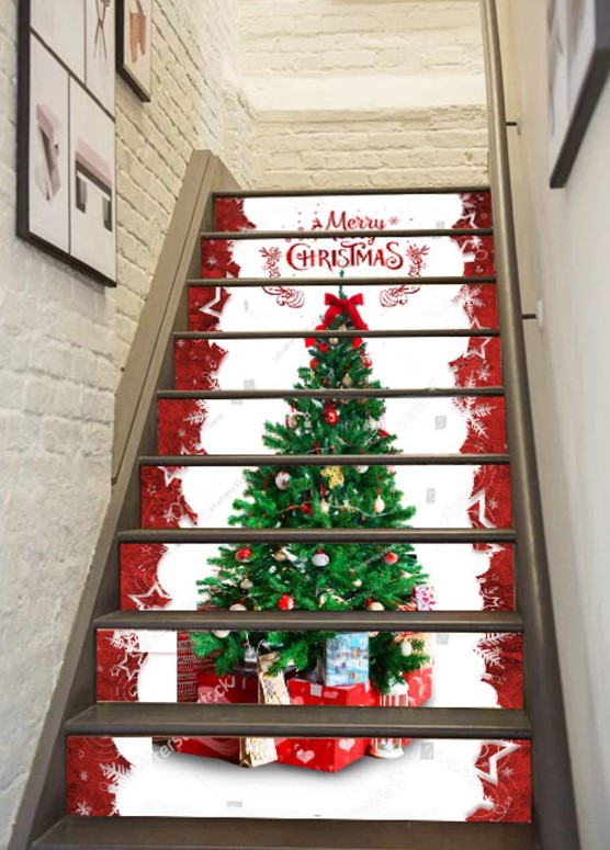 Christmas Tree In Red Stair Decor Snowflake