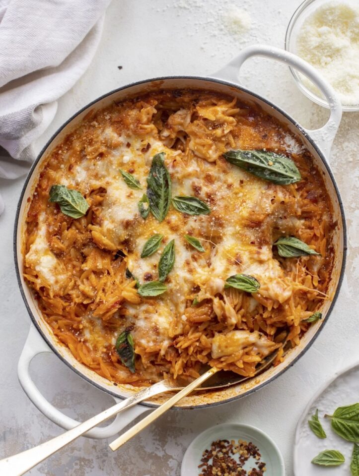 Cheesy Tomato Basil Baked Orzo