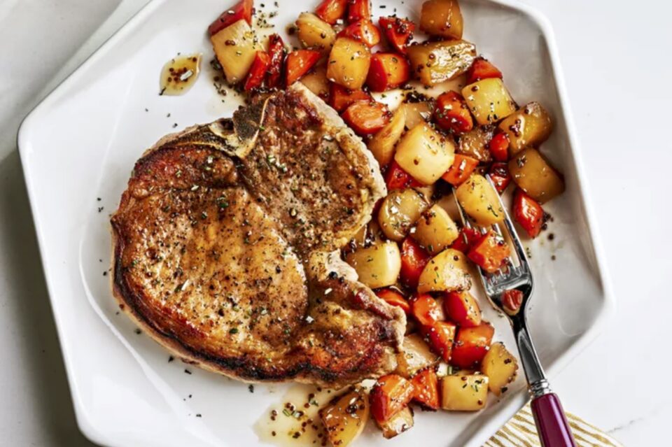 Glazed Pork Chops With Turnips and Carrots