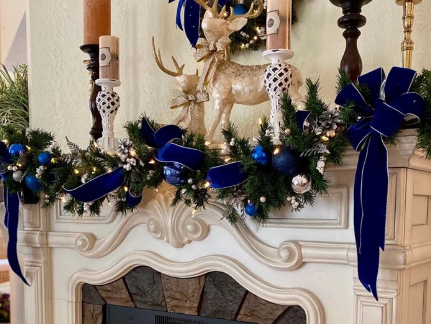 Blue Velvet Ribbon Fireplace Decor