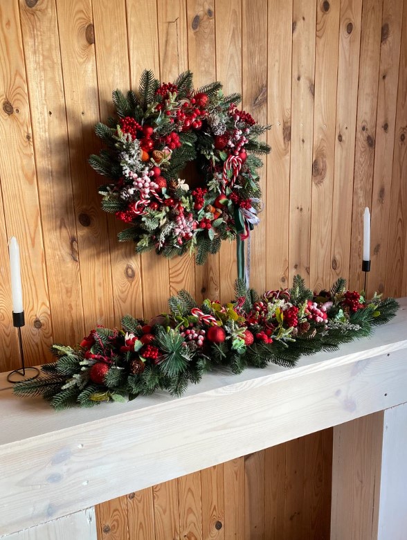 Red Christmas Fireplace Garland In Faux Pine