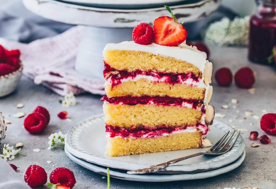 Raspberry almond layer cake
