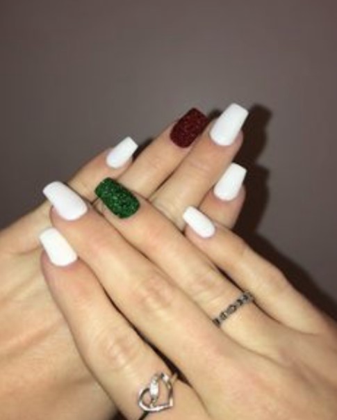 White Nails With Christmas Accent Colors