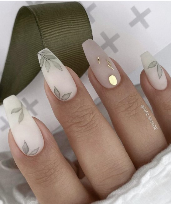 Coffin nails with green and gold leaves