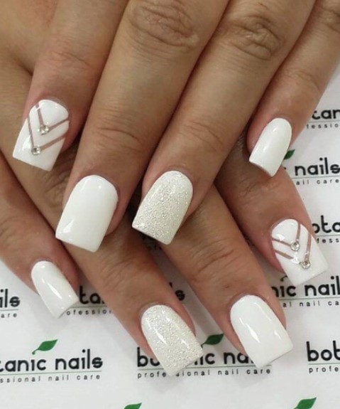 White Nails With Gemstones