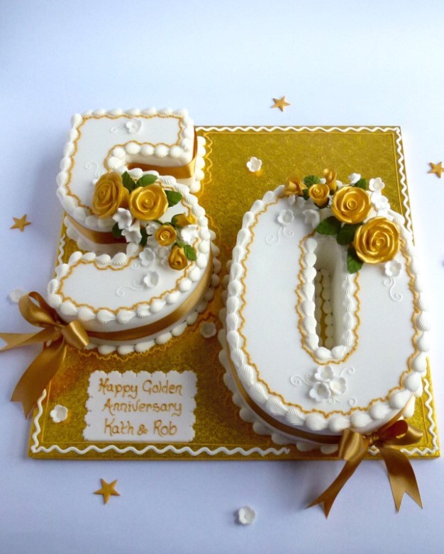 2 Tier Stencil Gold Fondant 50th Birthday Anniversary Cake For Woman