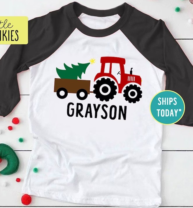 Christmas Tractor with Tree Raglan Shirt